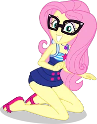 Size: 2357x3011 | Tagged: safe, artist:dustinwatsongkx, derpibooru import, fluttershy, human, equestria girls, accessory swap, bare shoulders, clothes, clothes swap, female, geode of telekinesis, glasses, image, magical geodes, one-piece swimsuit, png, sandals, sci-twi swimsuit, simple background, sleeveless, solo, swimsuit, swimsuit swap, transparent background