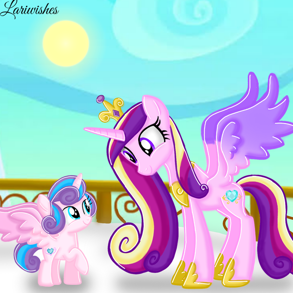 Size: 1400x1400 | Tagged: safe, artist:mlplary6, derpibooru import, princess cadance, princess flurry heart, alicorn, pony, female, filly, filly flurry heart, foal, image, looking at each other, looking at someone, mare, mother and child, mother and daughter, png, sky, smiling, smiling at each other, sun