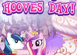 Size: 636x457 | Tagged: safe, derpibooru import, screencap, princess cadance, shining armor, alicorn, pony, unicorn, cropped, crown, duo, female, gameloft, hearts and hooves day, image, jewelry, male, mare, meme, png, regalia, smiling, stallion, text, wow! glimmer