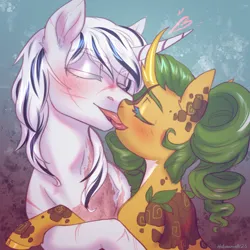 Size: 4000x4000 | Tagged: safe, artist:helemaranth, derpibooru import, oc, oc:eldorada, oc:yiazmat, kirin, unicorn, couple, duo, french kiss, hearts and hooves day, holiday, hooves, horn, image, kirin oc, kissing, png, romantic, scar, shipping, unicorn oc, valentine's day