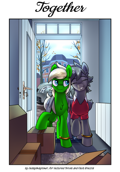 Size: 2300x3300 | Tagged: safe, artist:jedayskayvoker, derpibooru import, oc, oc:fault breccia, oc:vectored thrust, earth pony, pegasus, pony, blue eyes, boxes, car, carpet, clothes, couple, earth pony oc, gay, gay couple, house, hug, image, interior, jewelry, looking at each other, looking at someone, male, males only, married couple, moving, open door, pegasus oc, png, ring, shirt, smiling, smiling at each other, spread wings, wedding ring, winghug, wings