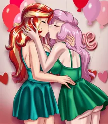 Size: 1789x2048 | Tagged: suggestive, artist:thebrokencog, derpibooru import, fluttershy, sunset shimmer, human, equestria girls, adorasexy, backless, balloon, big breasts, breasts, busty fluttershy, busty sunset shimmer, butt, clothes, commission, couple, cute, dress, duo, duo female, eyes closed, female, females only, flutterbutt, hand on head, hand on waist, heart, holiday, image, jpeg, kissing, lesbian, party, romantic, sexy, shipping, short dress, side view, sideboob, sunshyne, valentine's day