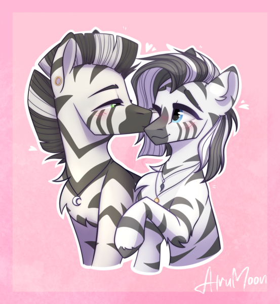 Size: 1772x1921 | Tagged: safe, artist:alrumoon_art, derpibooru import, oc, oc:lasari, oc:rayven, unofficial characters only, zebra, holiday, image, png, valentine's day, zebra oc