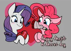 Size: 2047x1460 | Tagged: safe, artist:shelbysmol, derpibooru import, pinkie pie, rarity, earth pony, pony, unicorn, blushing, bouquet, bouquet of flowers, box of chocolates, female, flower, gray background, heart, hearts and hooves day, holiday, image, jpeg, lesbian, mare, mouth hold, raripie, rose, shipping, simple background, valentine's day