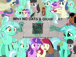 Size: 1663x1247 | Tagged: artist needed, editor needed, safe, derpibooru import, edit, bon bon, lyra heartstrings, octavia melody, roseluck, sweetie drops, 1000 hours in gimp, bojack horseman, collage, depressed, frown, horrified, image, irl, photo, png, qr code, sad, shocked, shocked expression