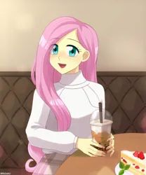 Size: 540x650 | Tagged: safe, artist:riouku, derpibooru import, fluttershy, equestria girls, blushing, cake, clothes, coffee, cute, drinking straw, female, food, holiday, image, jpeg, latte, open mouth, plate, shyabetes, skirt, solo, strawberry, sweater, sweatershy, table, valentine's day