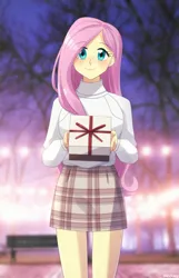 Size: 450x700 | Tagged: safe, artist:riouku, derpibooru import, fluttershy, equestria girls, 2023, bench, blushing, clothes, cute, female, holiday, image, jpeg, present, shyabetes, skirt, solo, sweater, sweatershy, tree, valentine's day