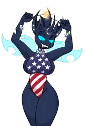 Size: 1024x1512 | Tagged: suggestive, artist:moonatik, derpibooru import, oc, oc:trill, anthro, changeling, american flag, big breasts, breasts, busty changeling, changeling oc, clothes, ear piercing, fangs, female, flag, glowstick, image, leotard, piercing, png, sideboob, simple background, solo, solo female, sparkler (firework), transparent background