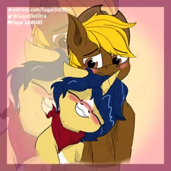 Size: 4000x4000 | Tagged: safe, artist:sugardotxtra, derpibooru import, oc, oc:acres, oc:flash reboot, unofficial characters only, earth pony, unicorn, blushing, clothes, commission, cowboy hat, duo, earth pony oc, female, floppy ears, hat, heart, heart eyes, holiday, horn, image, male, oc x oc, png, scarf, shipping, simple background, unicorn oc, valentine's day, wingding eyes, zoom layer