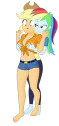 Size: 1800x3800 | Tagged: suggestive, derpibooru import, edit, editor:ah96, applejack, rainbow dash, human, equestria girls, barefoot, belly button, breast edit, breast grab, breasts, busty applejack, duo, feet, female, front knot midriff, grope, image, midriff, ms paint, png, shading, simple background, transparent background