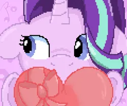 Size: 1200x1000 | Tagged: safe, artist:reinbou, derpibooru import, starlight glimmer, pony, unicorn, holiday, image, pixel art, png, present, simple background, solo, valentine's day