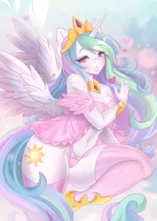 Size: 2893x4092 | Tagged: suggestive, artist:sherr, derpibooru import, princess celestia, alicorn, anthro, unguligrade anthro, belly button, breasts, clothes, crown, cutie mark, heart, holiday, image, jewelry, lingerie, looking at you, png, regalia, socks, stockings, thigh highs, valentine's day