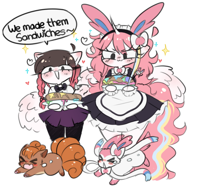 Size: 2331x2142 | Tagged: safe, artist:franshushu, derpibooru import, oc, oc:arwencuack, oc:nekonin, alicorn, pegasus, sylveon, vulpix, clothes, crying, evil, evil laugh, food, image, laughing, maid, png, pokémon, sandwich, simple background, sketch, sketch dump, transparent background