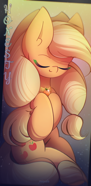 Size: 1055x2160 | Tagged: safe, artist:miryelis, derpibooru import, applejack, earth pony, pony, applejack's hat, cowboy hat, element of honesty, eyes closed, full body, gradient background, hat, image, long hair, png, signature, smiling, solo, text