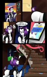 Size: 3047x4961 | Tagged: suggestive, artist:mekblue, derpibooru import, oc, oc:aleister, earth pony, absurd resolution, butt, calendar, comic, cute, earth pony oc, facial hair, feather, gay, goatee, hearts and hooves day, house, image, male, onomatopoeia, petals, png, short tail, stairs, tail, tail wiggle