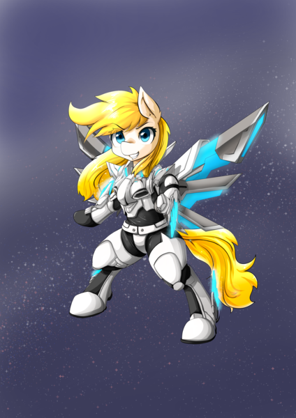 Size: 6656x9414 | Tagged: safe, artist:hponimator, derpibooru import, oc, oc:guardian dreamer, unofficial characters only, pegasus, pony, abstract background, armor, artificial wings, augmented, bipedal, fantasy class, image, mechanical wing, phantasy star, phantasy star online 2, png, power armor, solo, space, warrior, wings