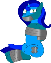 Size: 5263x6497 | Tagged: suggestive, artist:cardshark777, derpibooru import, oc, oc:amberlue, pony, unicorn, arm behind back, bondage, covered cutie mark, digital art, duct tape, female, gag, helpless, hooves behind back, horn, horn ring, image, jewelry, jpeg, kidnapped, looking at you, mare, ring, simple background, solo, tail, tape, tape bondage, tape gag, two toned coat, two toned mane, two toned tail