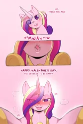 Size: 960x1440 | Tagged: safe, artist:cold-blooded-twilight, derpibooru import, princess cadance, alicorn, pony, bedroom eyes, blushing, dialogue, drool, drool string, female, holiday, image, kissing, mare, offscreen character, png, pov, princess of love, valentine's day