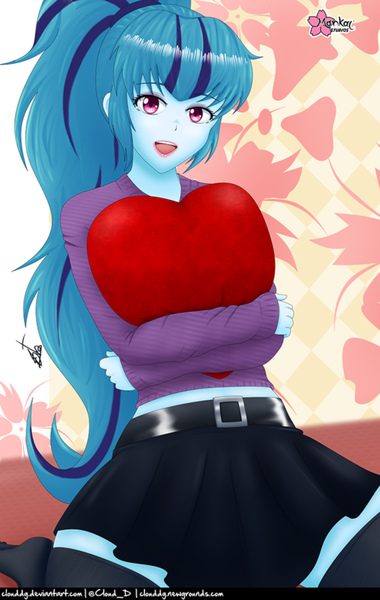 Size: 634x1000 | Tagged: safe, alternate version, artist:clouddg, derpibooru import, sonata dusk, equestria girls, bronybait, close-up, clothes, heart, heart pillow, holiday, hug, image, kneeling, open mouth, open smile, pillow, pillow hug, png, skirt, smiling, socks, speech bubble, talking to viewer, thigh highs, valentine's day, zettai ryouiki