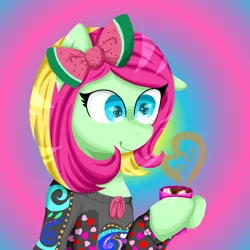 Size: 2022x2022 | Tagged: safe, artist:lindasaurie, derpibooru import, oc, oc:strawi dinosaur, unofficial characters only, earth pony, pony, bow, bust, chocolate, clothes, cup, earth pony oc, food, hair bow, high res, holiday, hot chocolate, image, lineless, png, smiling, solo, sweater, valentine's day