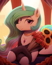 Size: 2400x3000 | Tagged: safe, artist:thebatfang, derpibooru import, princess celestia, alicorn, pony, backlighting, bed, blurry background, bouquet, bouquet of flowers, clothes, dress, ear piercing, earring, female, flower, image, jewelry, laying on bed, looking at you, lying down, mare, necklace, on bed, piercing, png, rose, smiling, solo, sunflower