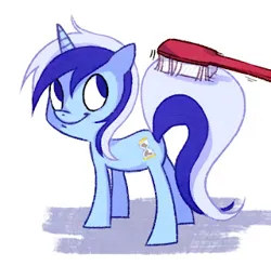 Size: 320x315 | Tagged: artist needed, safe, derpibooru import, minuette, pony, unicorn, brushie, brushing, brushing tail, image, jpeg, looking at you, simple background, smiling, smiling at you, solo, tiny, tiny ponies, toothbrush