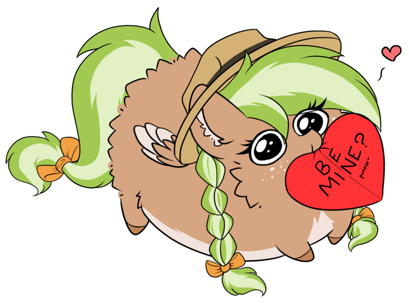 Size: 2046x1518 | Tagged: safe, artist:rand-dums, derpibooru import, oc, oc:sylvia evergreen, unofficial characters only, pegasus, pony, :p, braid, braided pigtails, chest fluff, chibi, commission, female, fluffy, freckles, hair tie, hat, heart, holiday, image, looking at you, looking up, looking up at you, mare, pegasus oc, pigtails, png, simple background, solo, text, tongue out, transparent background, valentine's day, wings, ych result