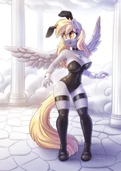 Size: 2480x3508 | Tagged: suggestive, artist:dandy, derpibooru import, derpy hooves, anthro, pegasus, big breasts, big head, bowtie, breasts, bunny ears, bunny suit, busty derpy hooves, chest fluff, cleavage, clothes, cloud, colored pupils, cuffs (clothes), cute, derpabetes, ear fluff, eye clipping through hair, eyebrows, eyebrows visible through hair, female, fishnets, gray coat, high res, huge breasts, image, latex, latex clothes, latex leotard, latex stockings, leotard, open mouth, pillar, png, shoes, signature, skindentation, solo, solo female, spread wings, standing, stockings, thigh highs, underass, underp, wings, wrist cuffs, yellow eyes, yellow mane, yellow tail