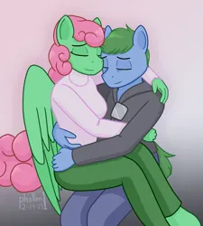 Size: 1440x1600 | Tagged: safe, artist:phallen1, derpibooru import, oc, oc:software patch, oc:windcatcher, unofficial characters only, anthro, earth pony, pegasus, clothes, cuddling, earth pony oc, glasses, hoodie, hug, image, jpeg, pegasus oc, sitting on lap, sweater, turtleneck, windpatch, wings
