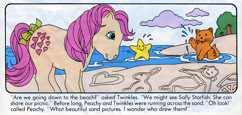 Size: 1240x590 | Tagged: artist needed, safe, derpibooru import, peachy, twinkles, cat, earth pony, pony, starfish, comic:my little pony (g1), bow, dialogue, emanata, female, g1, image, mare, official comic, peachy takes a holiday, png, sally starfish, scan, tail, tail bow, trio, upscaled