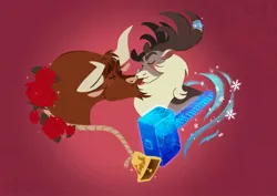 Size: 2822x2000 | Tagged: safe, artist:lindsay towns, derpibooru import, bull, deer, them's fightin' herds, bell, blushing, community related, duo, eyes closed, flower, hammer, holiday, horns, image, jpeg, kiss on the lips, kissing, pink background, red background, rope, rose, simple background, snow, snowflake, sparkles, stronghoof hoofstrong, texas (tfh), valentine's day
