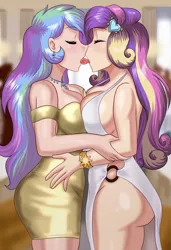 Size: 1399x2048 | Tagged: suggestive, artist:thebrokencog, derpibooru import, princess cadance, princess celestia, human, alternate cutie mark, ass, bracelet, breasts, busty princess cadance, busty princess celestia, butt, celestiance, clothes, commission, couple, date, date night, dating, dress, duo, duo female, ear piercing, earring, eyes closed, fanfic art, female, females only, french kiss, girlfriend, humanized, image, infidelity, jewelry, jpeg, kissing, lesbian, minidress, necklace, o-ring dress, piercing, public, restaurant, romantic, sexy, shipping, side slit, sinfully sexy, sloppy kissing, stupid sexy celestia, stupid sexy princess cadance, tongue out, tongue play