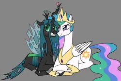 Size: 3100x2100 | Tagged: safe, artist:nonameorous, derpibooru import, princess celestia, queen chrysalis, alicorn, changeling, angry, chryslestia, crossed hooves, duo, female, gray background, heart, image, lesbian, looking away, png, princess chrysalis, shipping, simple background, sitting, smiling, teeth