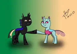 Size: 842x595 | Tagged: safe, artist:alejandrogmj, derpibooru import, oc, oc:alejandrogmj, oc:flower black, unofficial characters only, changedling, changeling, changedling oc, changeling oc, derpibooru exclusive, hearts and hooves day, hoofbump, image, missing accessory, png, simple background