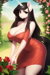 Size: 512x768 | Tagged: suggestive, derpibooru import, machine learning generated, novelai, stable diffusion, oc, anthro, unicorn, big breasts, breasts, busty oc, cleavage, clothes, dress, female, flower, holiday, image, looking at you, png, red dress, rose, solo, solo female, trellis, valentine's day