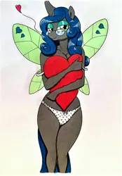 Size: 2440x3500 | Tagged: suggestive, artist:killerteddybear94, derpibooru import, queen chrysalis, anthro, adorasexy, clothes, cute, glasses, heart, heart pillow, heart print underwear, holiday, hug, image, jpeg, looking at you, mirror universe, panties, pillow, pillow hug, reversalis, seductive look, sexy, smiling, traditional art, underwear, valentine's day
