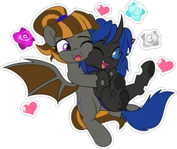 Size: 5918x5000 | Tagged: safe, artist:jhayarr23, derpibooru import, oc, oc:mythic dawn, oc:swift dawn, unofficial characters only, bat pony, changeling, pony, :d, absurd resolution, bat pony oc, bat wings, blue changeling, brother and sister, changeling oc, commission, cute, dock, duo, eyebrows, eyebrows visible through hair, eyelashes, fangs, female, flower, frog (hoof), hairband, happy, heart, hug, hug from behind, image, male, mare, ocbetes, one eye closed, open mouth, open smile, outline, platonic, png, ponytail, sibling love, siblings, simple background, smiling, spread wings, tail, toothy grin, transparent background, underhoof, white outline, wings, ych result