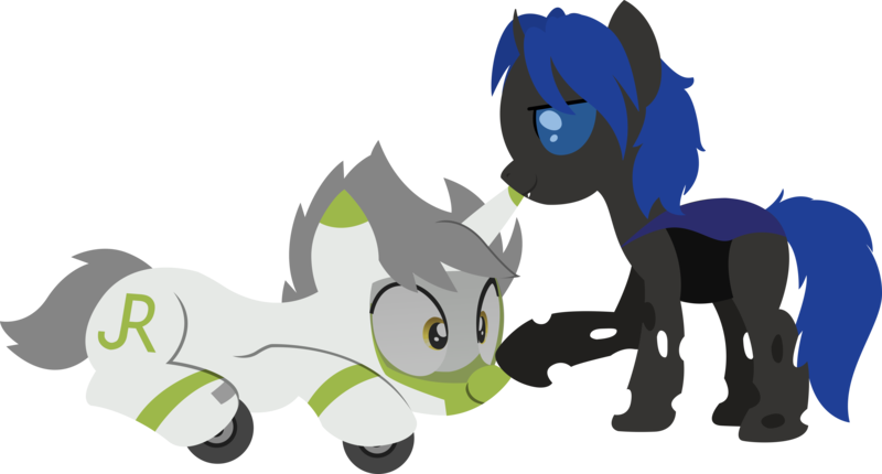Size: 7404x3981 | Tagged: safe, artist:ponyrailartist, derpibooru import, oc, oc:greenline, oc:swift dawn, ponified, changeling, object pony, original species, pony, train pony, unicorn, blue changeling, blue eyes, boop, changeling oc, commission, duo, fangs, happy, high res, horn, image, lying down, male, png, prone, silly, simple background, smiling, train, transparent background, wingless, yellow eyes