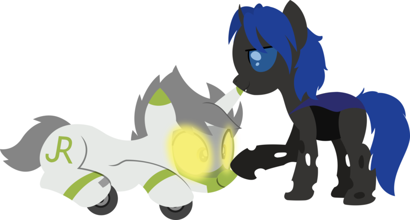 Size: 7404x3981 | Tagged: safe, artist:ponyrailartist, derpibooru import, oc, oc:greenline, oc:swift dawn, ponified, changeling, object pony, original species, pony, train pony, unicorn, blue changeling, blue eyes, boop, changeling oc, commission, duo, fangs, glow, glowing eyes, happy, high res, horn, image, lying down, male, png, prone, silly, simple background, smiling, train, transparent background, wingless, yellow eyes