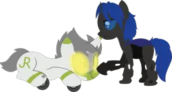 Size: 7404x3981 | Tagged: safe, artist:ponyrailartist, derpibooru import, oc, oc:greenline, oc:swift dawn, ponified, changeling, object pony, original species, pony, train pony, unicorn, blue changeling, blue eyes, boop, changeling oc, commission, duo, fangs, glow, glowing eyes, happy, high res, horn, image, lying down, male, png, prone, silly, simple background, smiling, train, transparent background, wingless, yellow eyes