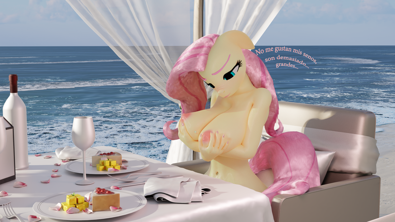Size: 3840x2160 | Tagged: questionable, artist:flutterpink_3d, derpibooru import, fluttershy, anthro, 3d, beach, big breasts, blender, blender cycles, breast grab, breasts, burras calientes:edicion verano, busty fluttershy, concerned, female, grope, image, nipples, nudity, png, sitting, spanish, spanish text