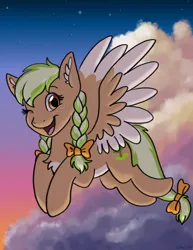 Size: 1020x1320 | Tagged: safe, artist:helicityponi, derpibooru import, oc, oc:sylvia evergreen, unofficial characters only, pegasus, pony, braid, braided pigtails, cloud, female, flying, freckles, hair tie, image, jpeg, looking at you, mare, one eye closed, open mouth, pegasus oc, pigtails, sky, solo, sunset, wings, wink