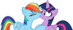 Size: 1336x554 | Tagged: safe, artist:rizonomi, artist:twilyisbestpone, derpibooru import, rainbow dash, twilight sparkle, twilight sparkle (alicorn), alicorn, pegasus, pony, base used, duo, duo female, eyes closed, female, hooves to the chest, image, kiss on the lips, kissing, lesbian, love, mare, png, shipping, simple background, surprise kiss, transparent background, twidash, wide eyes