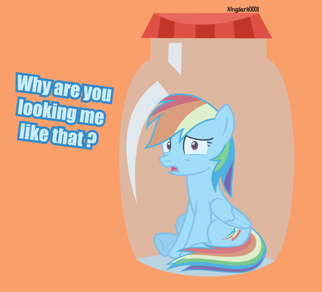 Size: 1024x928 | Tagged: suggestive, artist:kingdark0001, derpibooru import, rainbow dash, dialogue, image, jar, jar meme, lewd container meme, looking at you, open mouth, png, pony in a bottle, scared, simple background, solo, the implications are horrible, vector