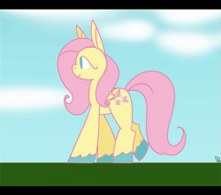 Size: 1129x1000 | Tagged: safe, artist:pagophasia, derpibooru import, fluttershy, butterfly, insect, pegasus, pony, animated, black bars, blinking, cloud, colored hooves, daytime, derpibooru exclusive, female, gif, grass, head turn, image, impossibly long eyelashes, looking at something, looking forward, side view, smiling, solo, unshorn fetlocks, walk cycle, walking, wings