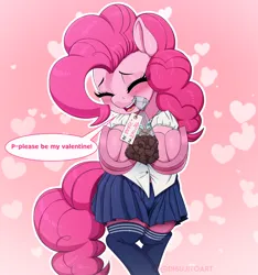 Size: 3282x3500 | Tagged: safe, artist:dibujito, derpibooru import, pinkie pie, blushing, bowtie, bronybait, chocolate, clothes, food, holiday, image, looking at you, png, school uniform, shirt, skirt, socks, thigh highs, valentine's day