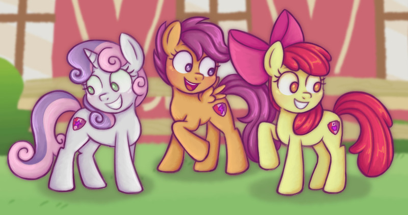 Size: 1041x549 | Tagged: safe, artist:memethyst-art, derpibooru import, apple bloom, scootaloo, sweetie belle, earth pony, pegasus, pony, unicorn, cutie mark crusaders, februpony, female, filly, foal, image, jpeg