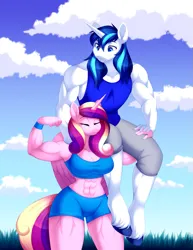 Size: 1013x1310 | Tagged: safe, artist:scarlet-spectrum, derpibooru import, princess cadance, shining armor, anthro, abs, biceps, clothes, female, flexing, husband and wife, image, lifting, male, muscles, png, princess ca-dense, shiningcadance, shipping, shorts, smiling, sports bra, sports shorts, straight, swelling armor