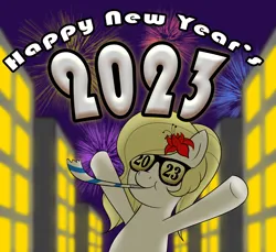 Size: 4000x3670 | Tagged: safe, artist:trash anon, ponybooru import, oc, oc:epithumia, unofficial characters only, earth pony, 2023, blonde, blonde mane, celebration, earth pony oc, female, fireworks, flower, flower in hair, glasses, image, new year, party, png, solo