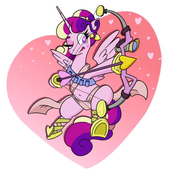 Size: 1140x1140 | Tagged: safe, artist:jargon scott, derpibooru import, princess cadance, alicorn, pony, alternate hairstyle, arrow, bedroom eyes, bow (weapon), bow and arrow, dexterous hooves, ear piercing, earring, female, heart, heart arrow, heart background, hearts and hooves day, holiday, hoof hold, image, jewelry, mare, one eye closed, piercing, png, princess of love, simple background, solo, underhoof, valentine's day, weapon, white background